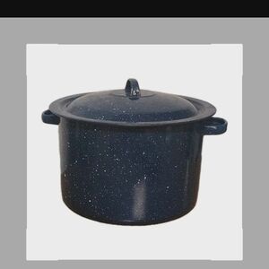 Cobalt Blue & White Speckled Enamelware Handled Cooking Pot W/ Lid